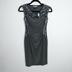 Ralph Lauren Dress Women Size 2 Petite Sequin Gray Silver Ruched mini Formal GG